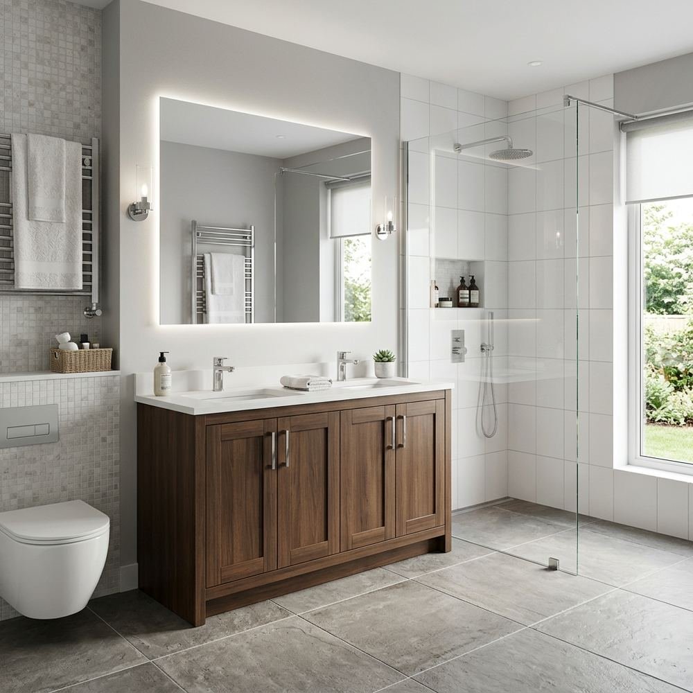 Modern bathroom with floor standing vanity modern floor by Grains Home Pakistan