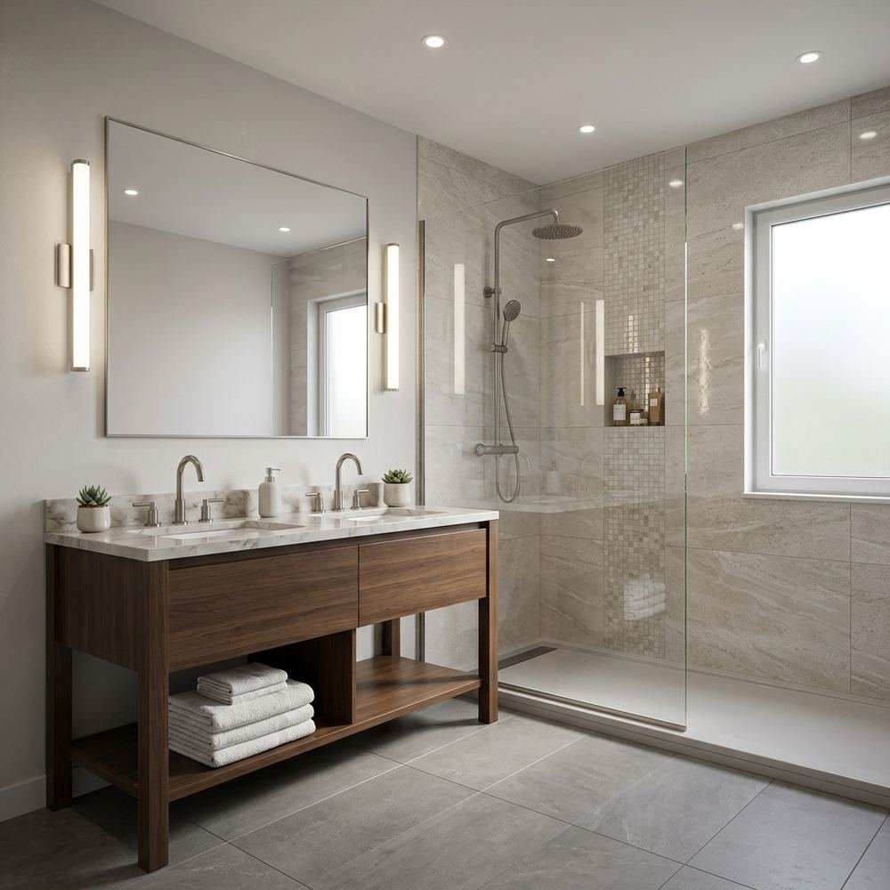 Modern bathroom with floor standing vanity modern floor by Grains Home Pakistan