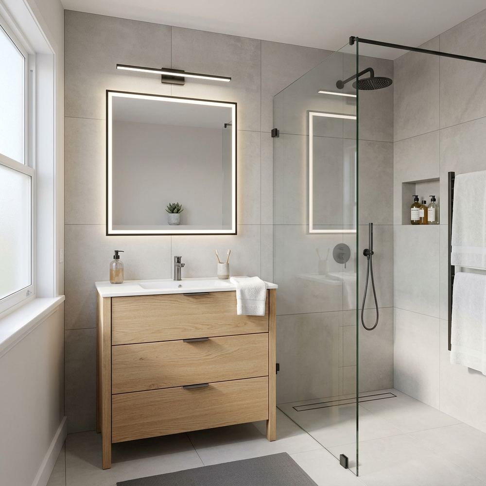 Minimalist bathroom with floor standing vanity minimalist by Grains Home Pakistan
