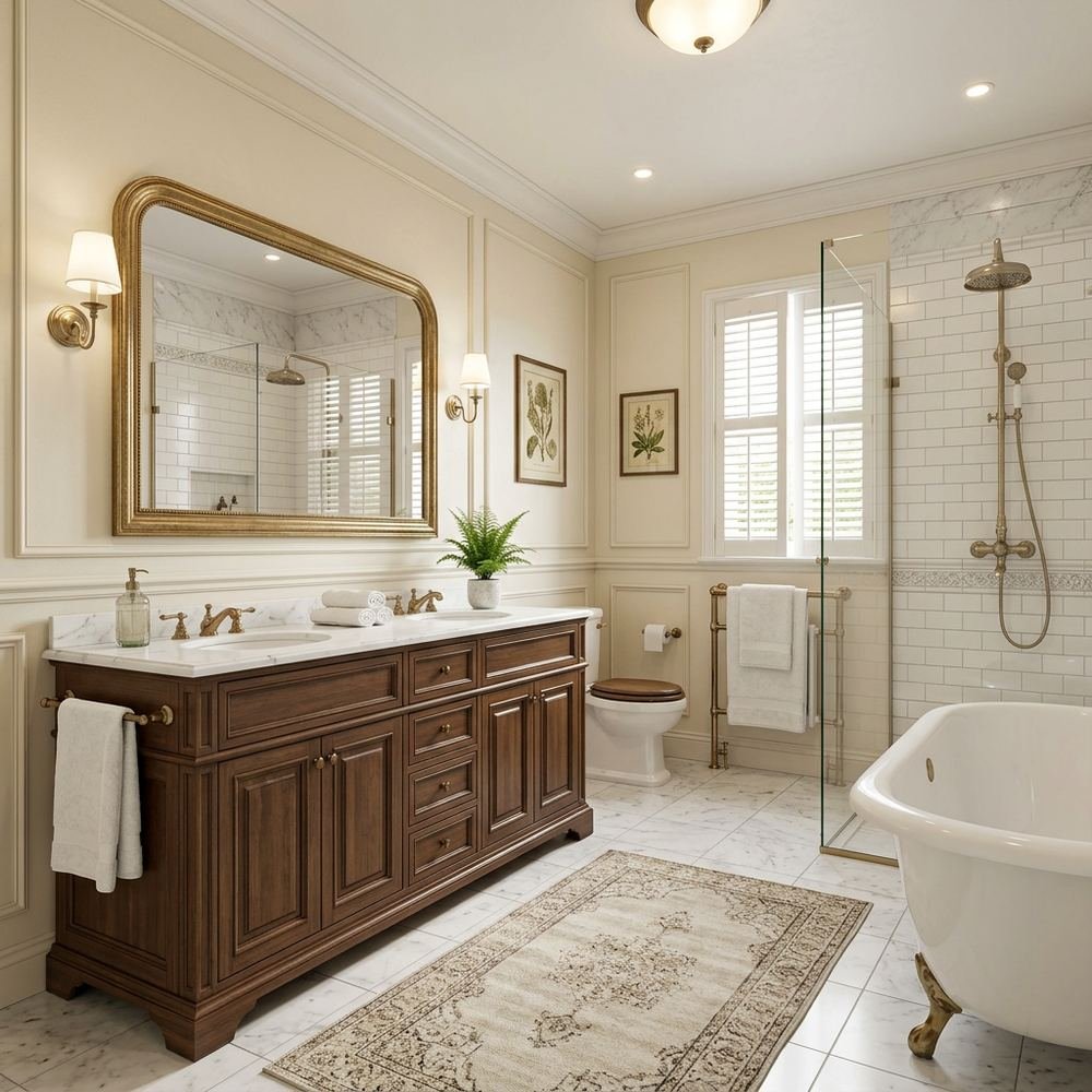 Classic bathroom with floor standing vanity classic floor by Grains Home Pakistan