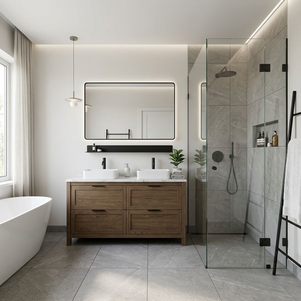 Modern bathroom with floor standing vanity modern floor by Grains Home Pakistan