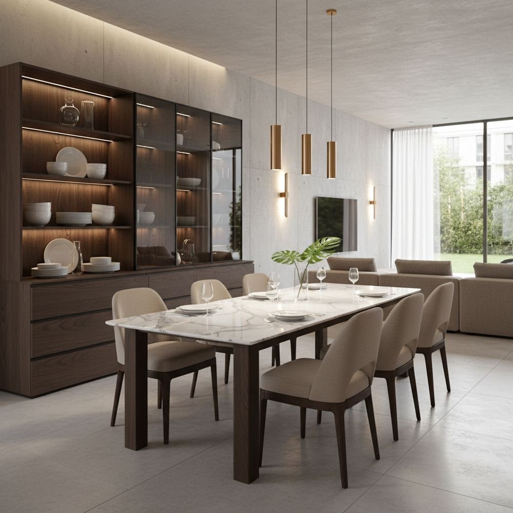 Modern marble top 6 seater dining room with crockery unit by Grains Home Pakistan