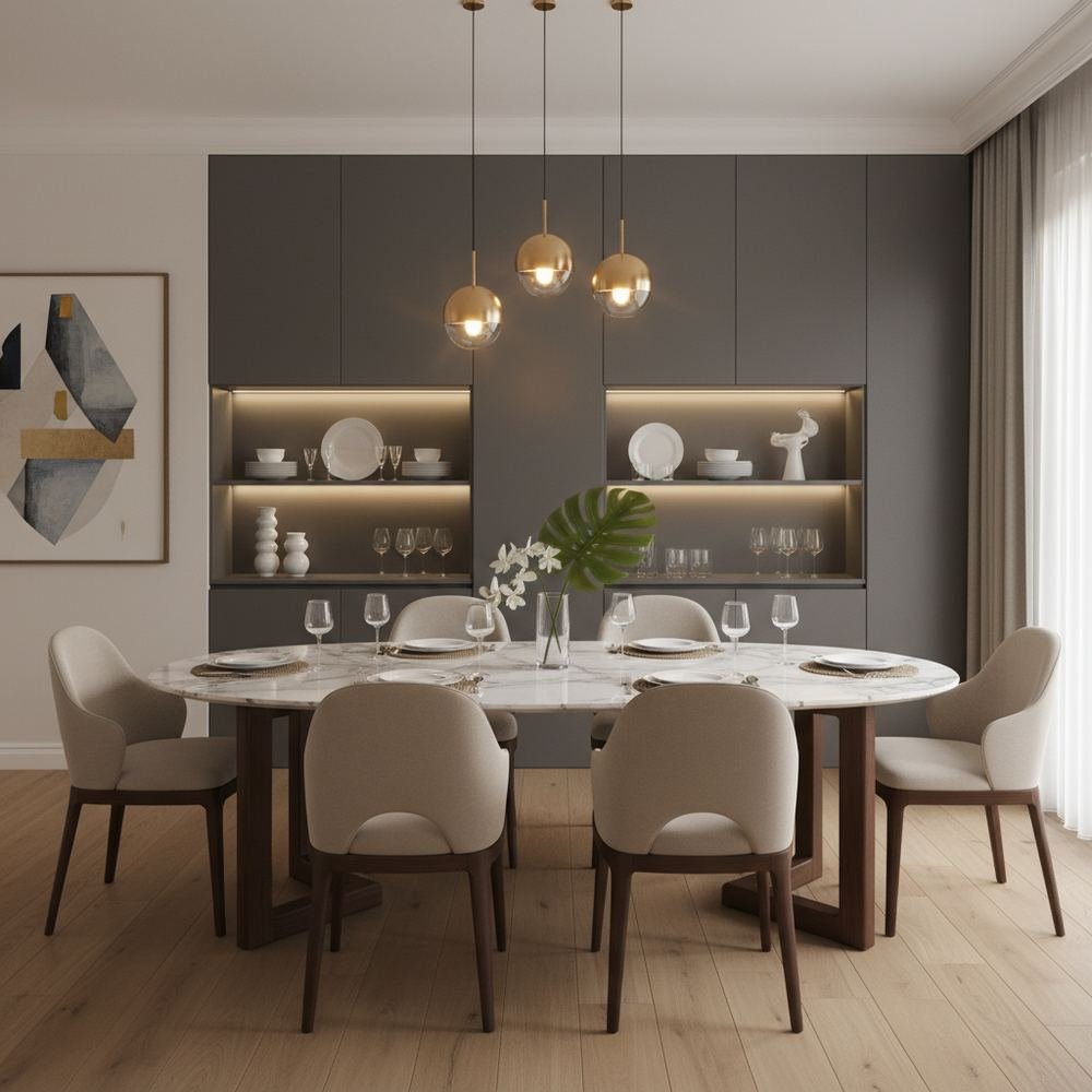 Modern marble top 6 seater dining room with crockery unit by Grains Home Pakistan