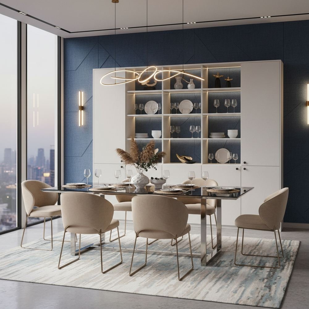 Modern glass top 6 seater dining room with crockery unit by Grains Home Pakistan
