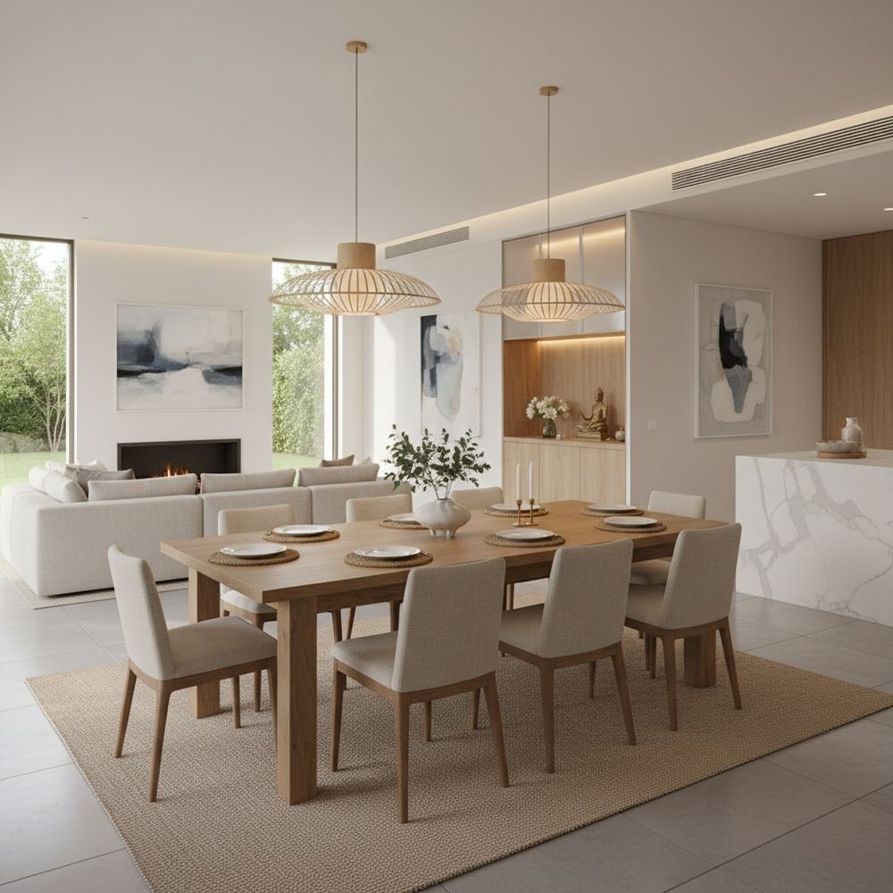 Modern solid wood 6 seater dining room with pooja unit by Grains Home Pakistan