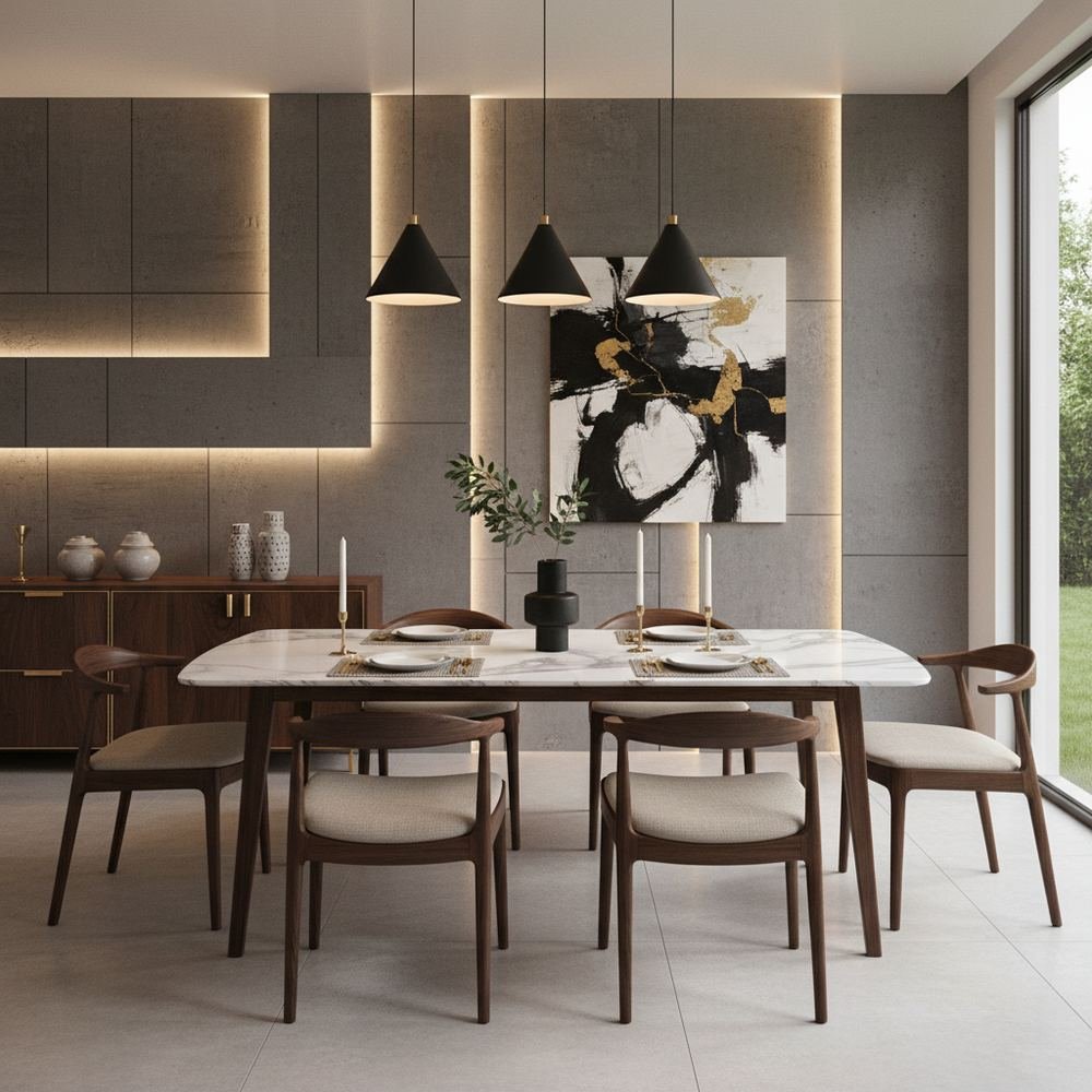 Modern dining room design with rectangular wood table by Grains Home Pakistan