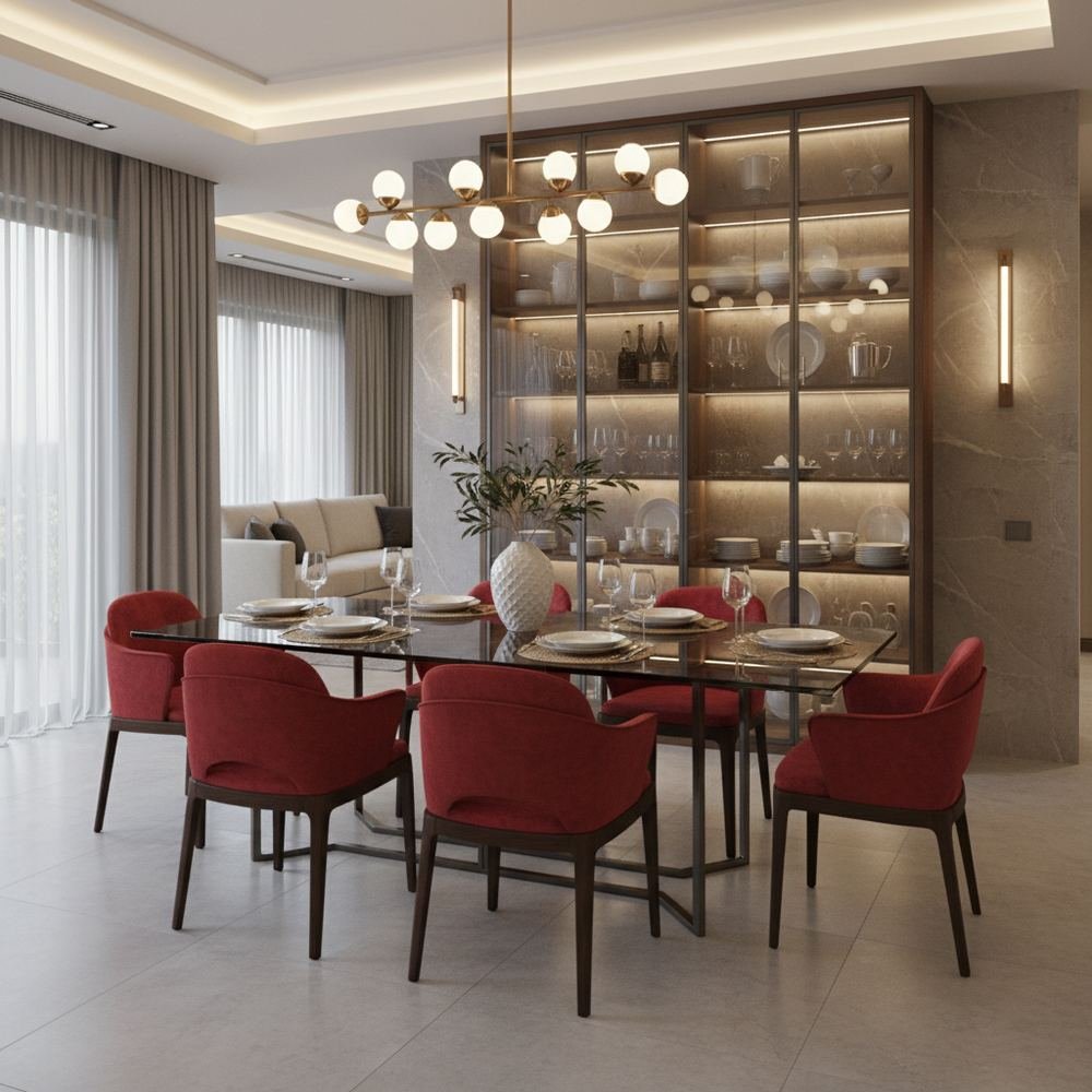 Modern glass top 6 seater dining room with crockery unit by Grains Home Pakistan