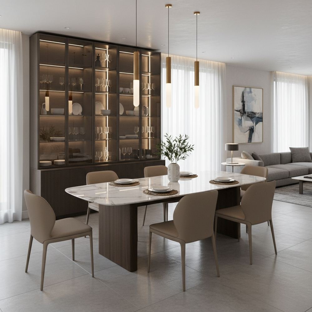 Modern marble top 6 seater dining room with crockery unit by Grains Home Pakistan
