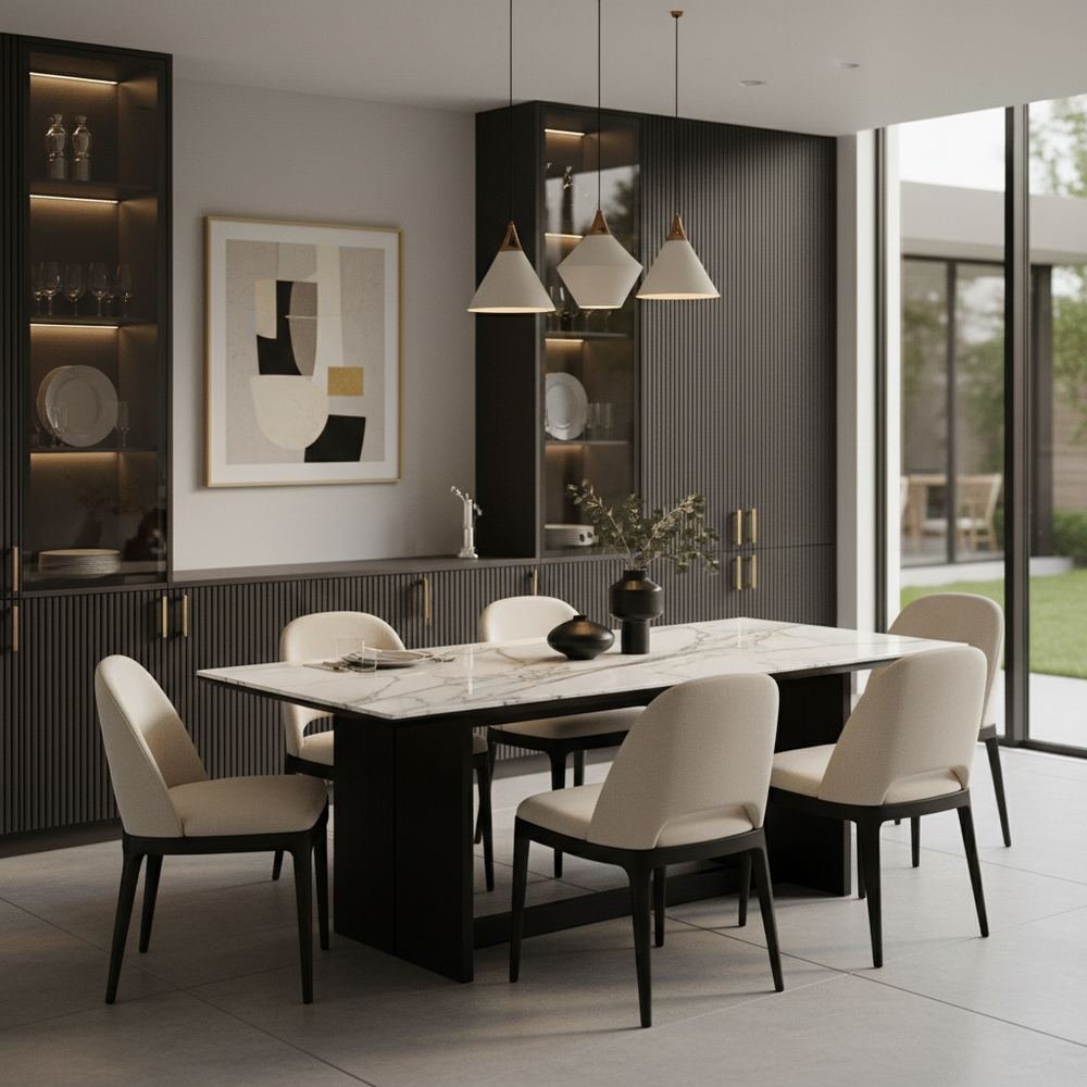Modern marble top 4 seater dining room with crockery unit by Grains Home Pakistan