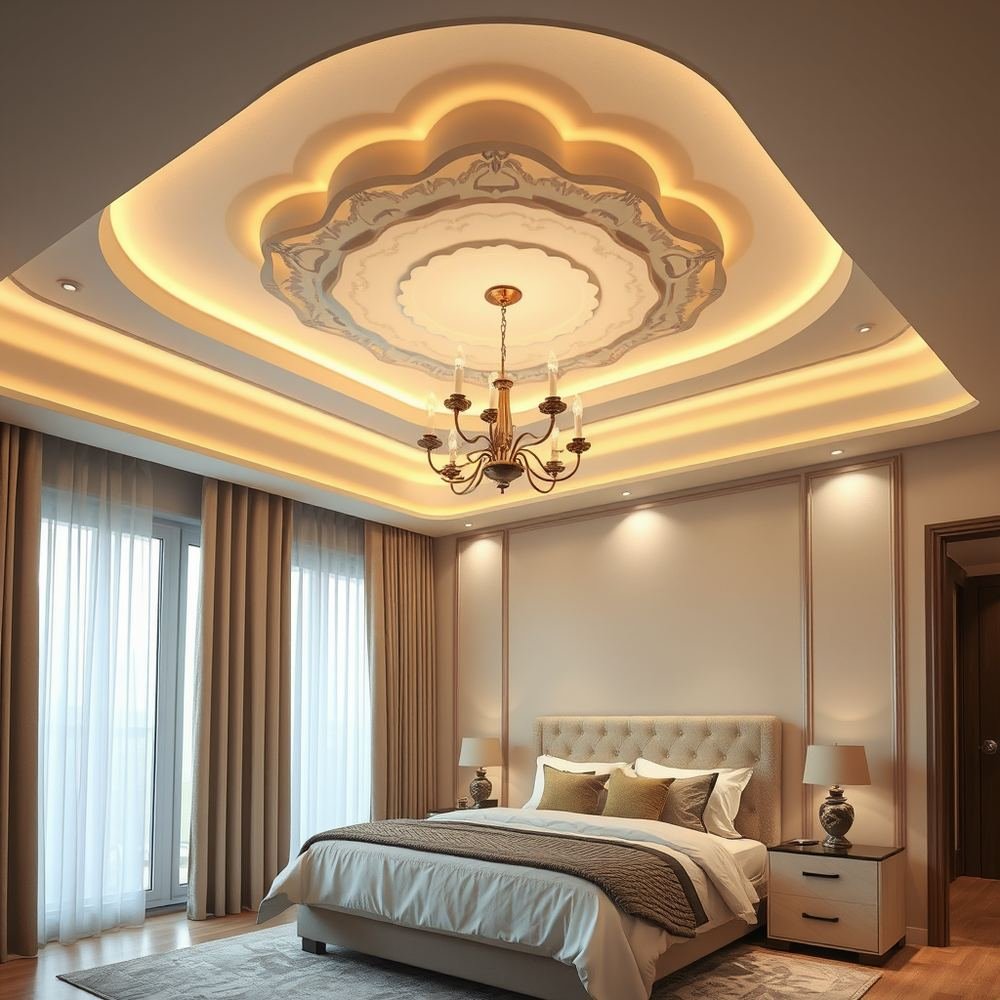 Layered gypsum bedroom ceiling by Grains Home Pakistan