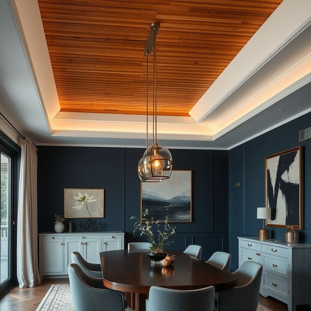 Wooden slat ceiling with brass pendants by Grains Home Pakistan