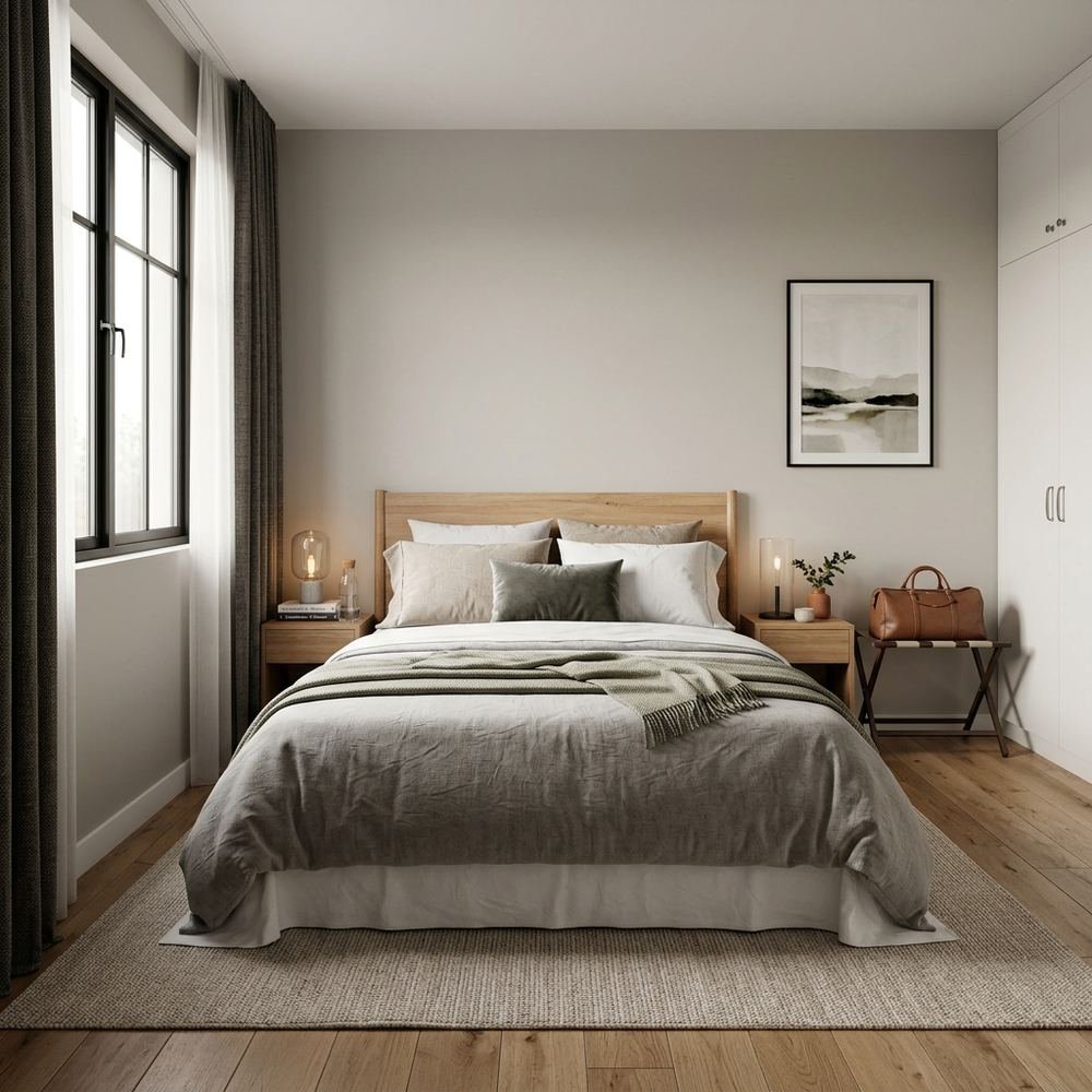 Modern guest bedroom with queen size bed modern queen size by Grains Home Pakistan