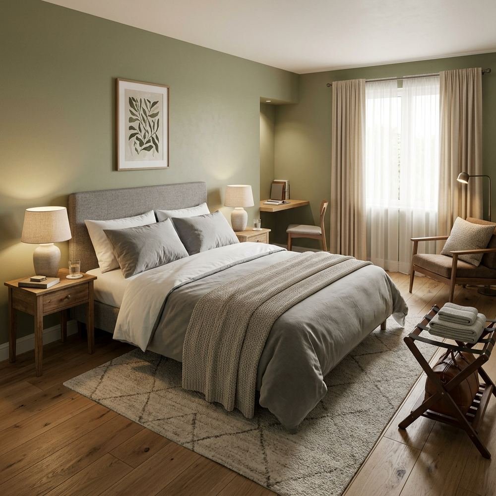 Simple cozy guest bedroom with queen size bed simple cozy by Grains Home Pakistan