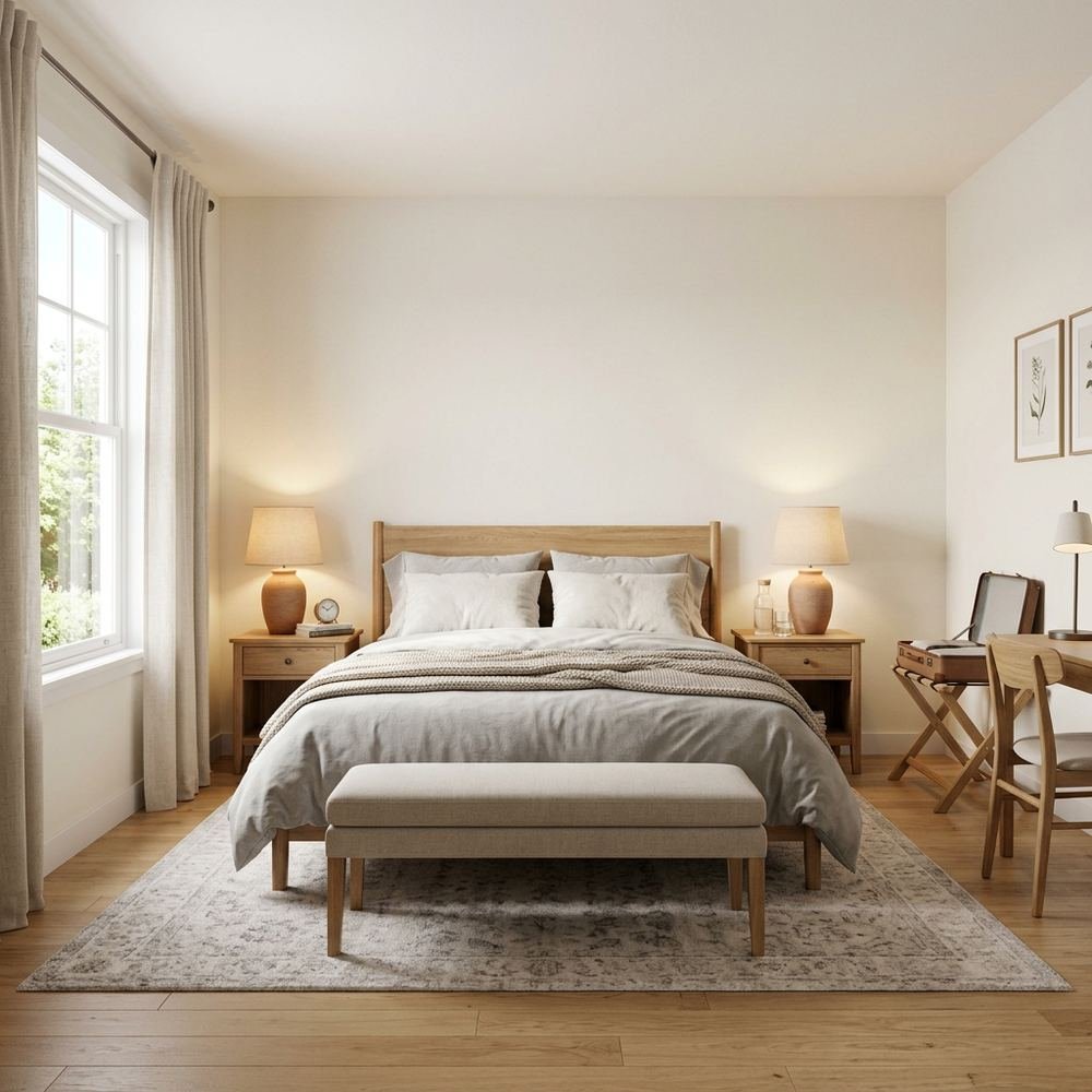 Simple cozy guest bedroom with queen size bed simple cozy by Grains Home Pakistan