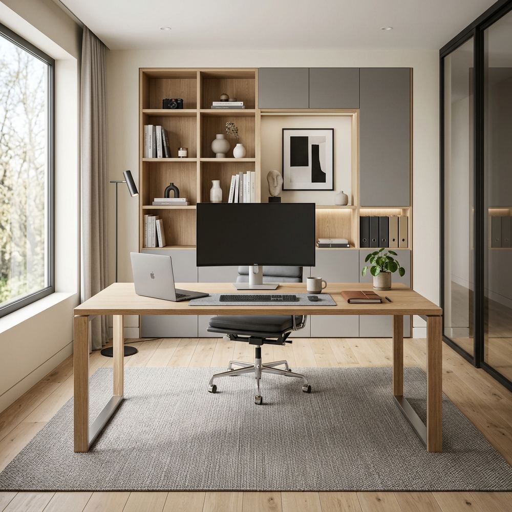 Scandinavian home office with freestanding executive desk by Grains Home Pakistan