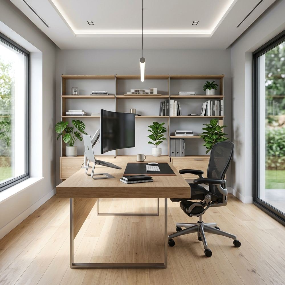 Scandinavian home office with freestanding executive desk by Grains Home Pakistan