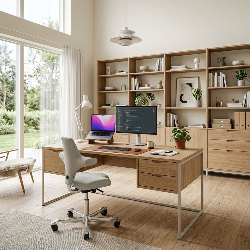 Scandinavian home office with freestanding executive desk by Grains Home Pakistan