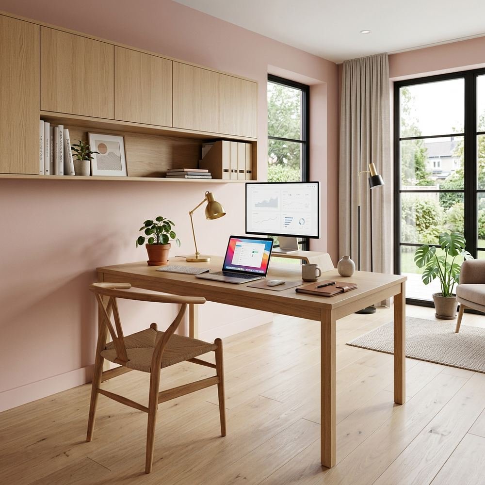 Scandinavian home office design with wooden chair and by Grains Home Pakistan