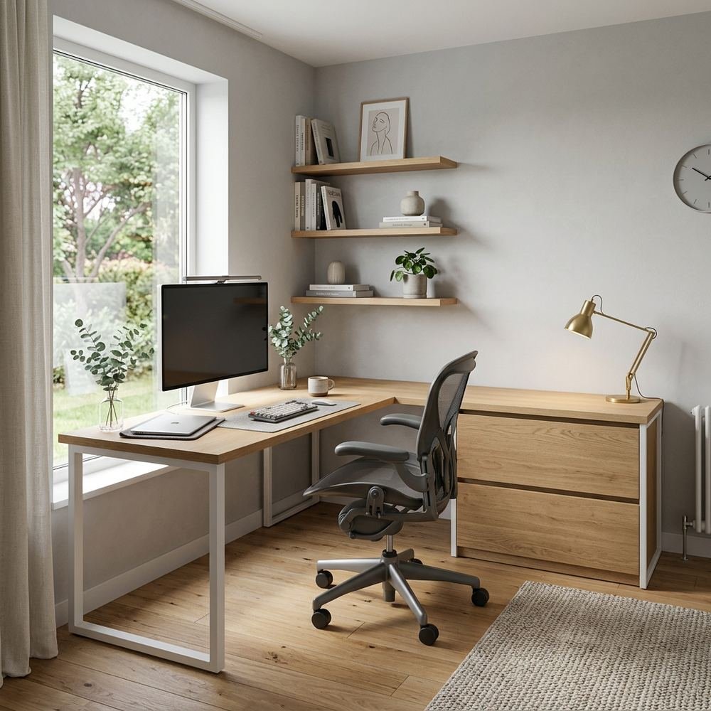 Scandinavian l shaped home office design d inho ond2022 by Grains Home Pakistan