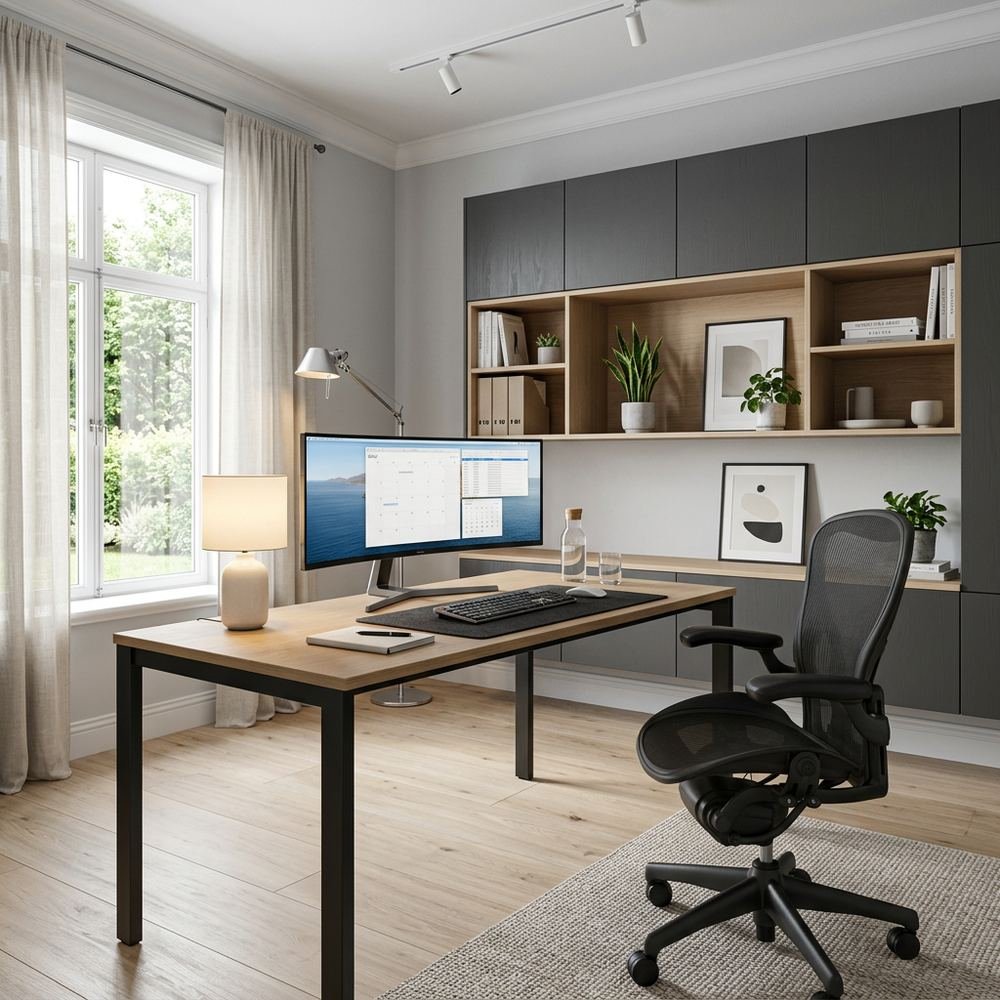 Scandinavian home office with freestanding executive desk by Grains Home Pakistan