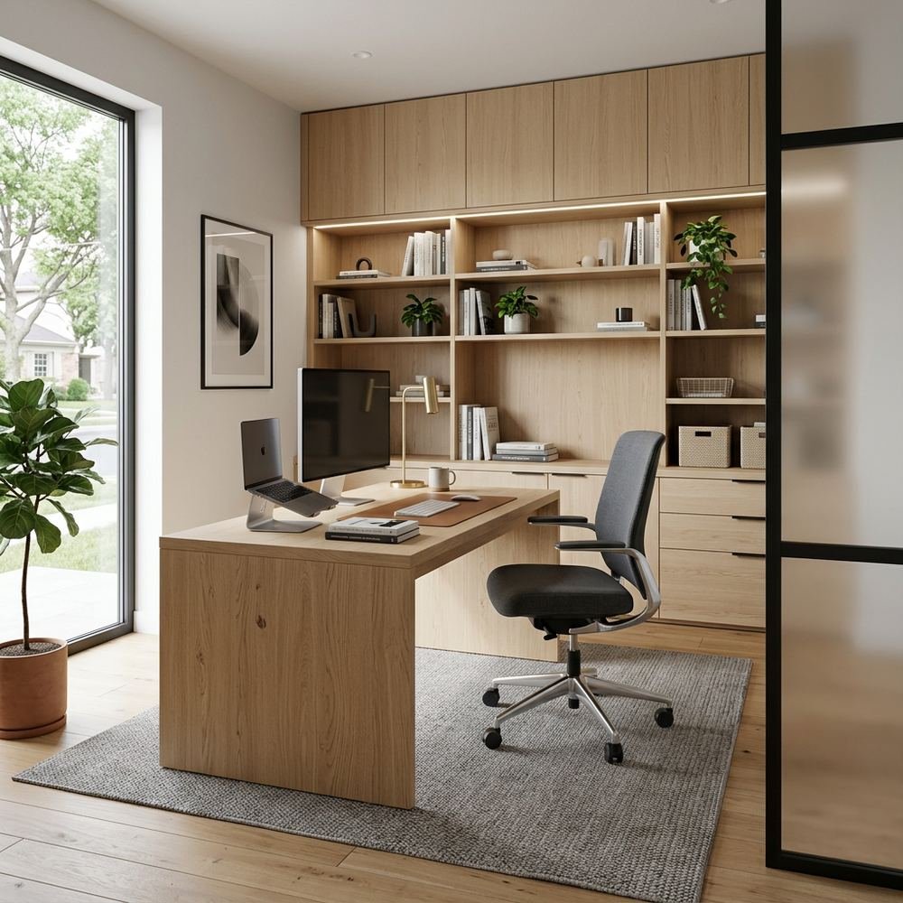 Scandinavian home office with freestanding executive desk by Grains Home Pakistan