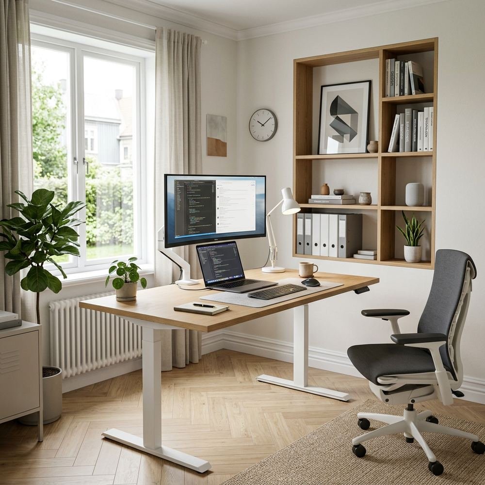 Scandinavian home office with standing desk dedicated by Grains Home Pakistan