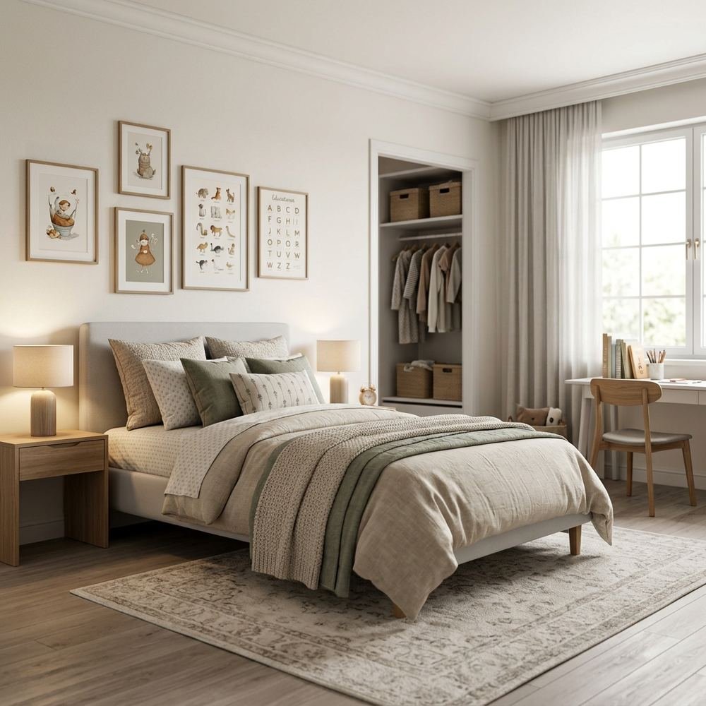 Neutral kids bedroom with single bed neutral single bed by Grains Home Pakistan