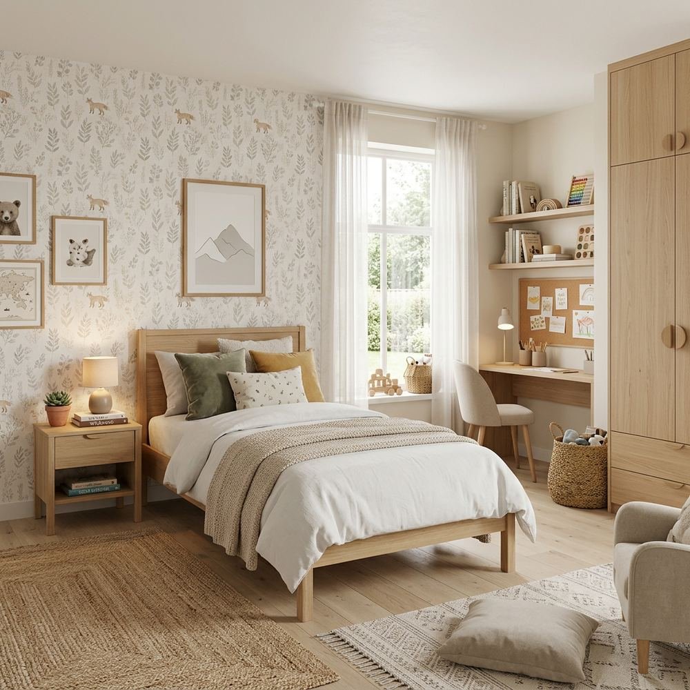 Neutral kids bedroom with single bed neutral single bed by Grains Home Pakistan