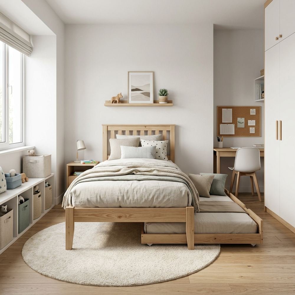 Neutral scandinavian kids bedroom with trundle bed by Grains Home Pakistan