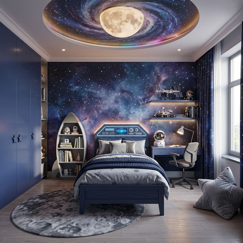 Space galaxy kids bedroom with single bed space galaxy by Grains Home Pakistan