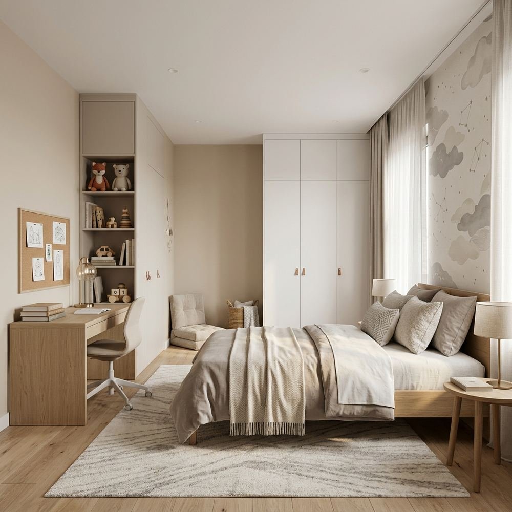 Neutral theme kids bedroom with single bed neutral single by Grains Home Pakistan
