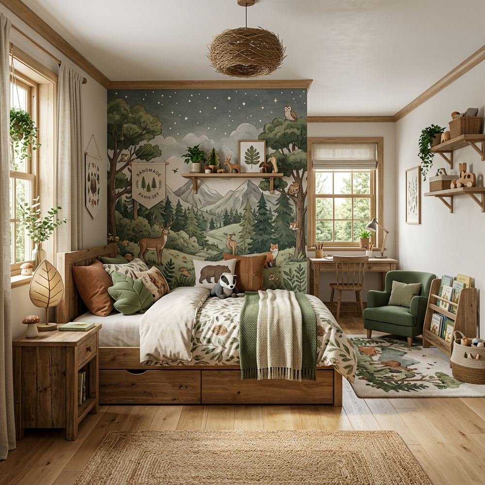 Nature theme kids bedroom with single bed nature jungle by Grains Home Pakistan