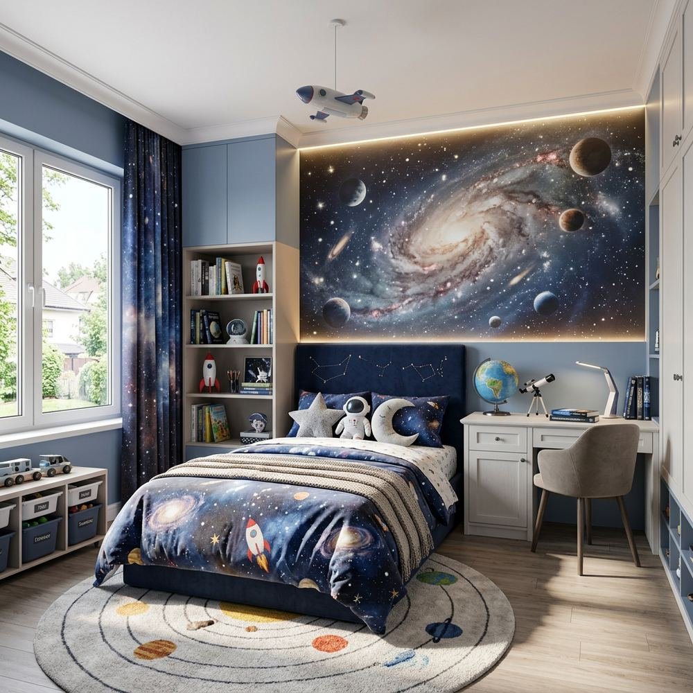 Space galaxy kids bedroom with single bed space galaxy by Grains Home Pakistan