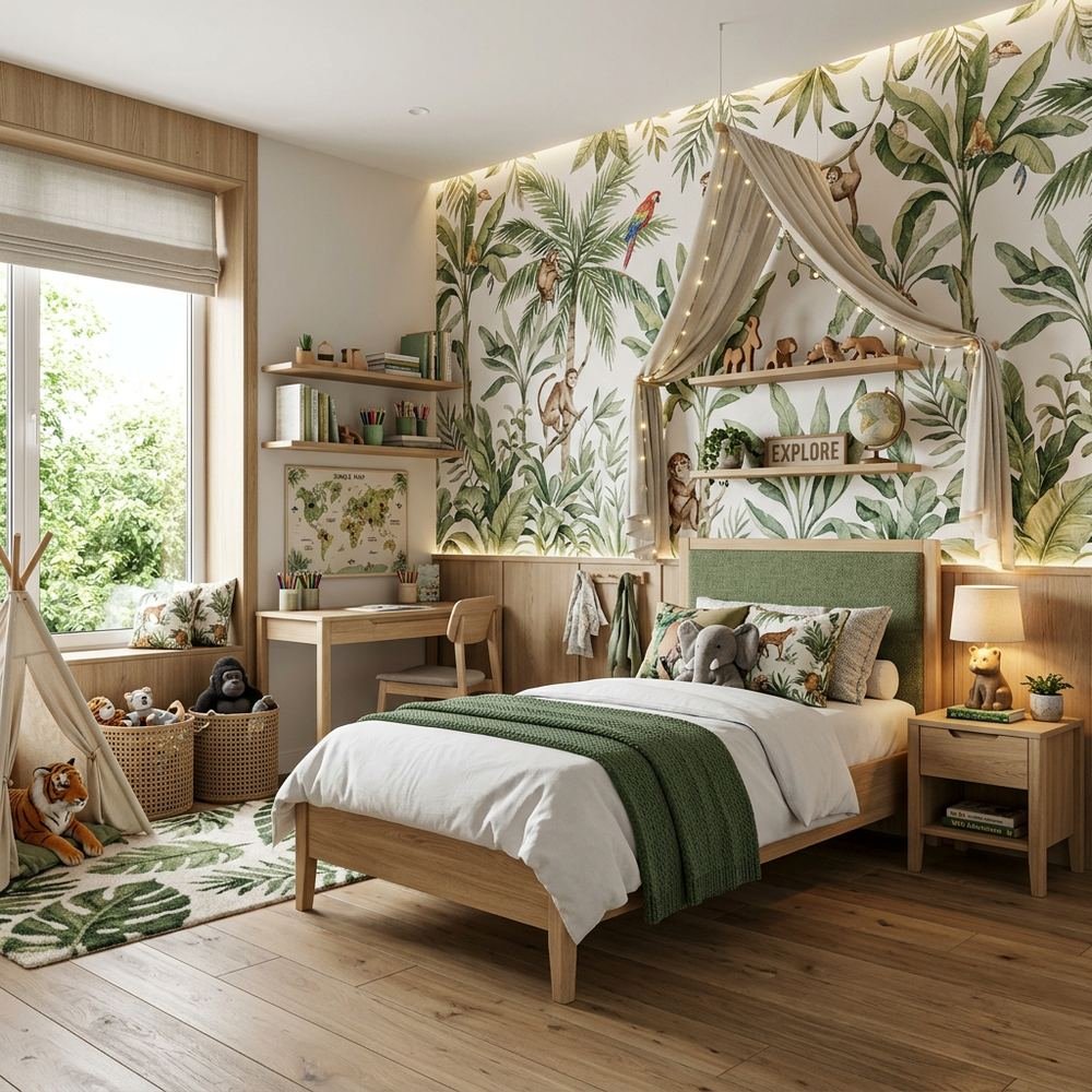 Nature jungle kids bedroom with single bed nature jungle by Grains Home Pakistan