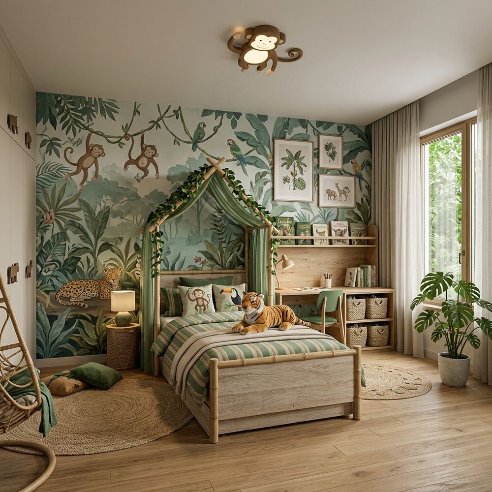 Nature jungle theme kids bedroom with single bed nature by Grains Home Pakistan
