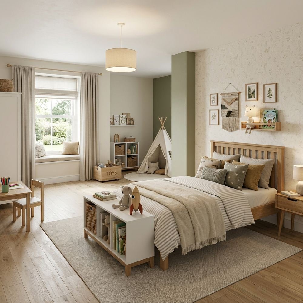 Neutral kids bedroom with single bed neutral single bed by Grains Home Pakistan