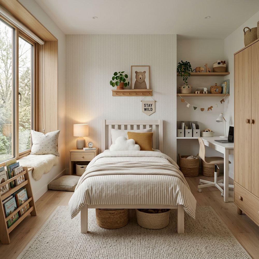 Neutral scandinavian kids bedroom with single bed neutral by Grains Home Pakistan