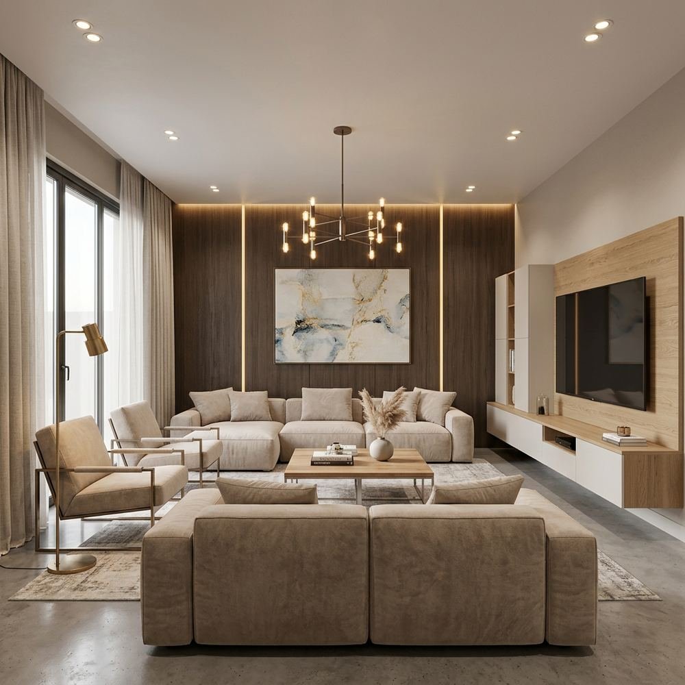Modern living room with accent wall modern defined living by Grains Home Pakistan