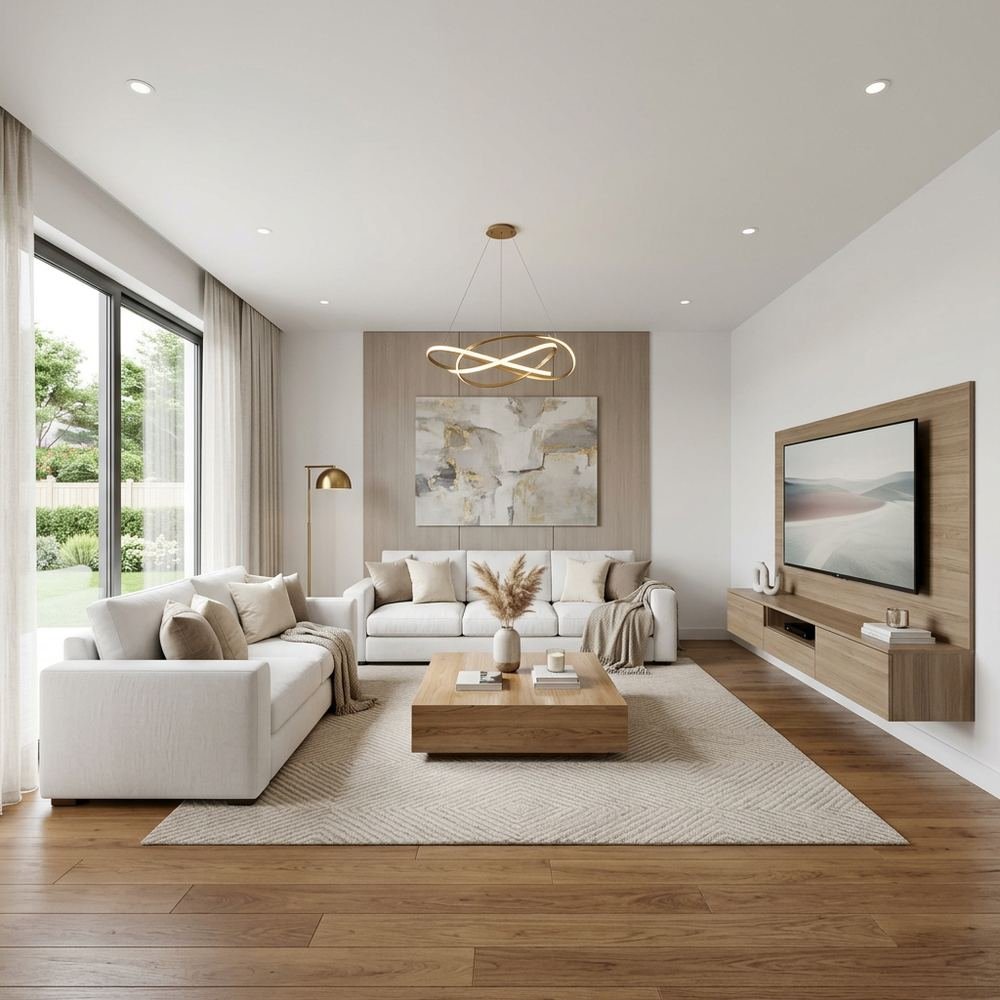 Modern living room with white upholstered sofas modern by Grains Home Pakistan