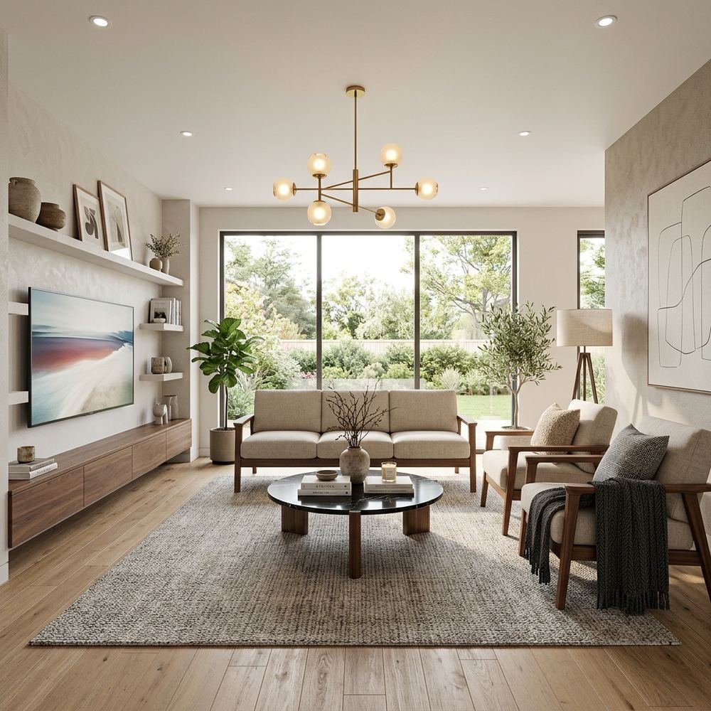 Modern living room with wood arm sofa and armchair modern by Grains Home Pakistan