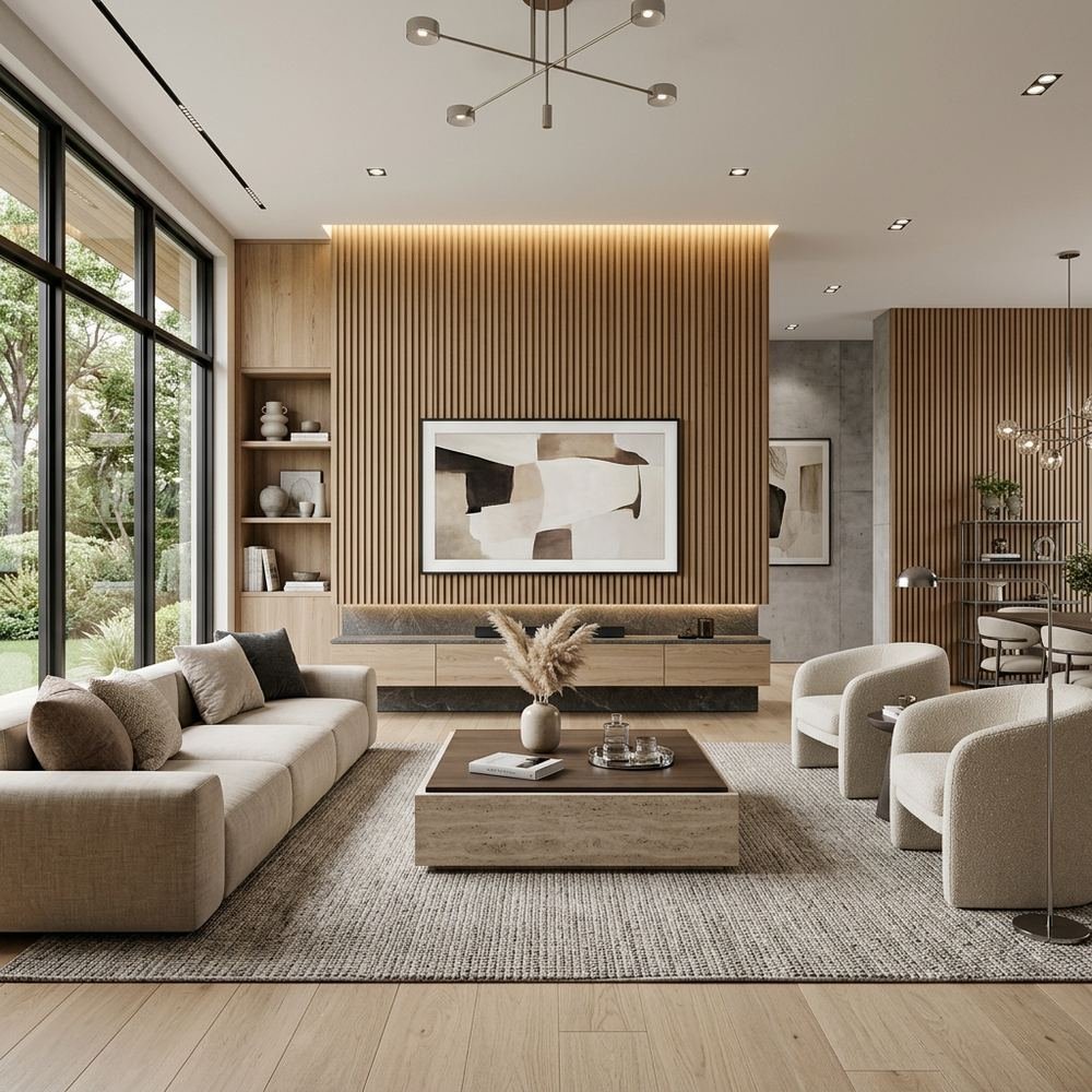 Modern living room with wooden fluted panels modern by Grains Home Pakistan