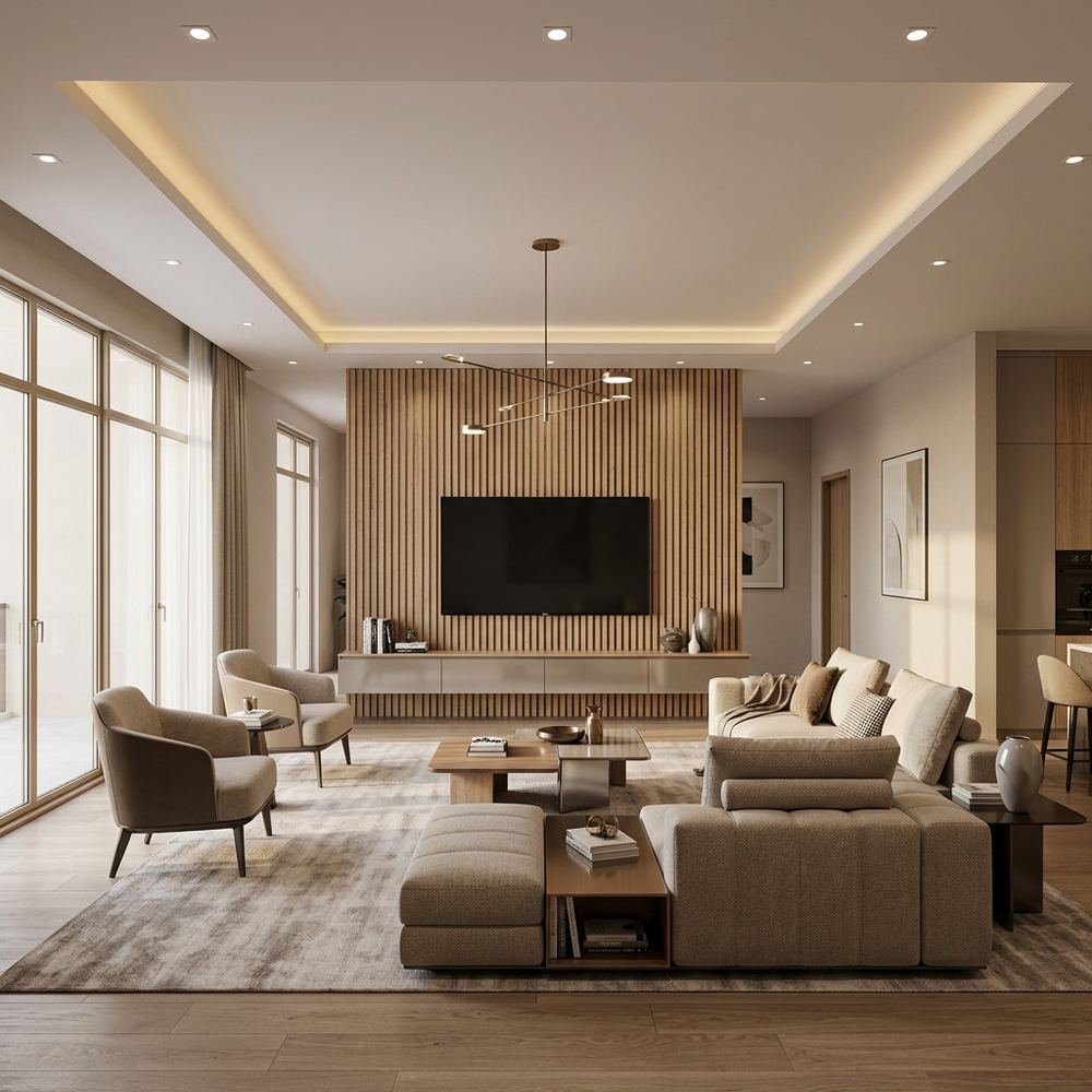 Modern living room with wooden wall accent modern defined by Grains Home Pakistan