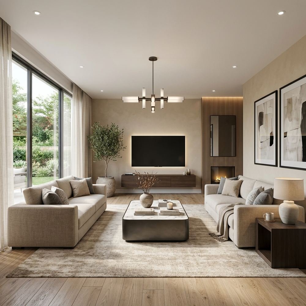 Modern living room design with two 3 seater sofas d inlr by Grains Home Pakistan