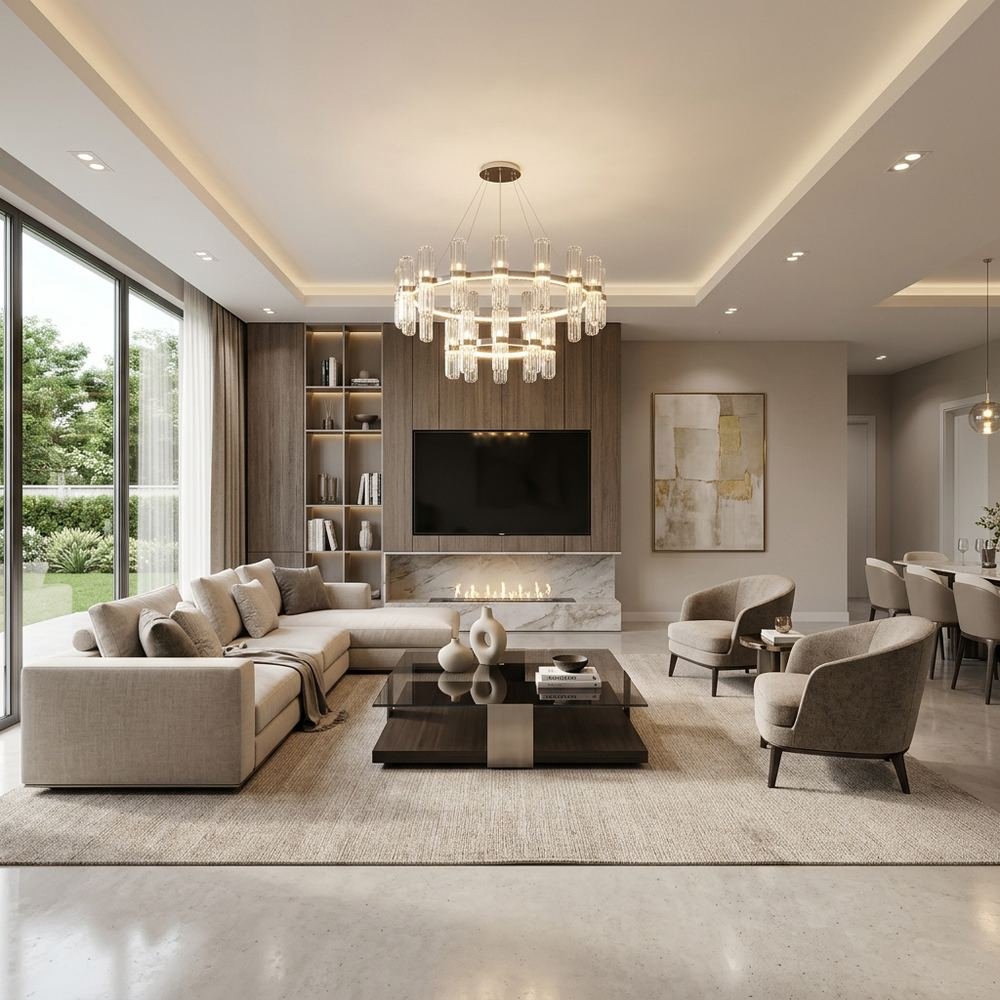 Modern living room with chandelier modern l shape seating by Grains Home Pakistan