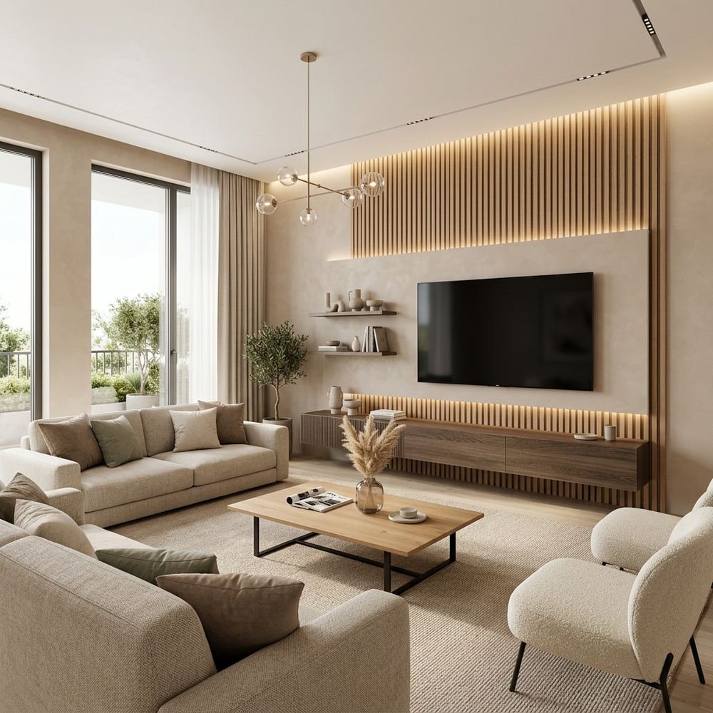 Modern living room with tv unit and accent wall modern by Grains Home Pakistan
