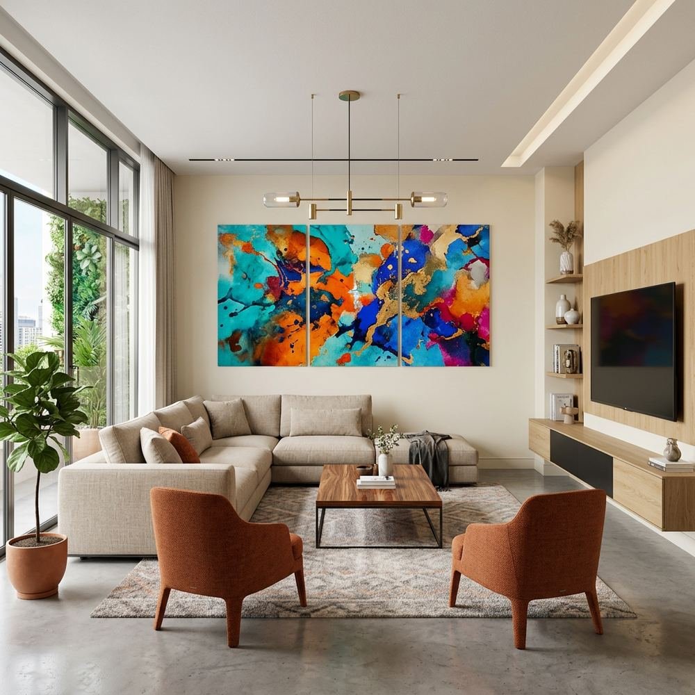 Modern living room with vibrant wall art modern defined by Grains Home Pakistan