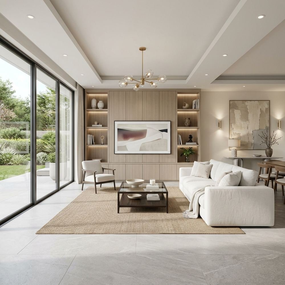 Modern living room with beige tv unit and white sofa by Grains Home Pakistan