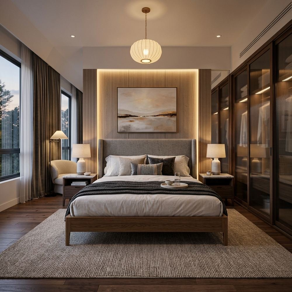 Cozy king size master bedroom with sliding wardrobe cozy by Grains Home Pakistan