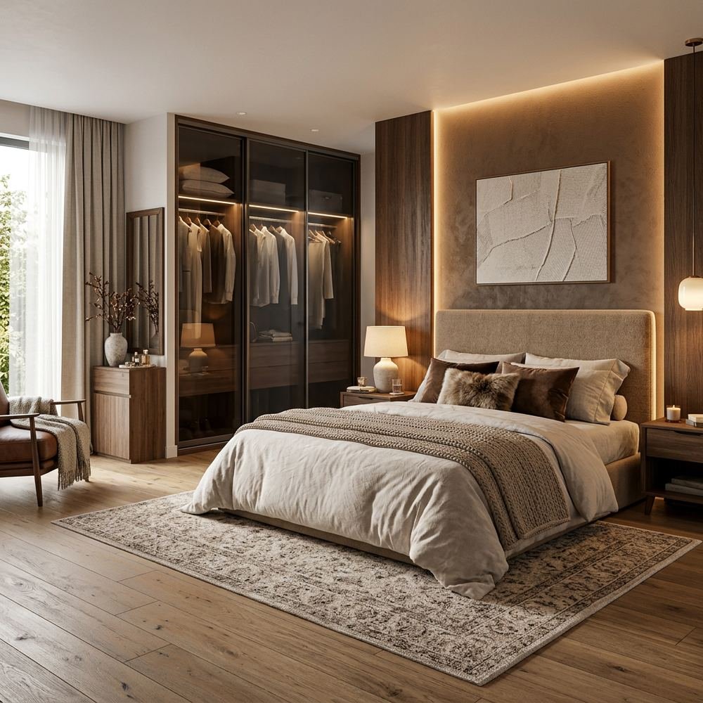 Cozy king size master bedroom with sliding wardrobe cozy by Grains Home Pakistan