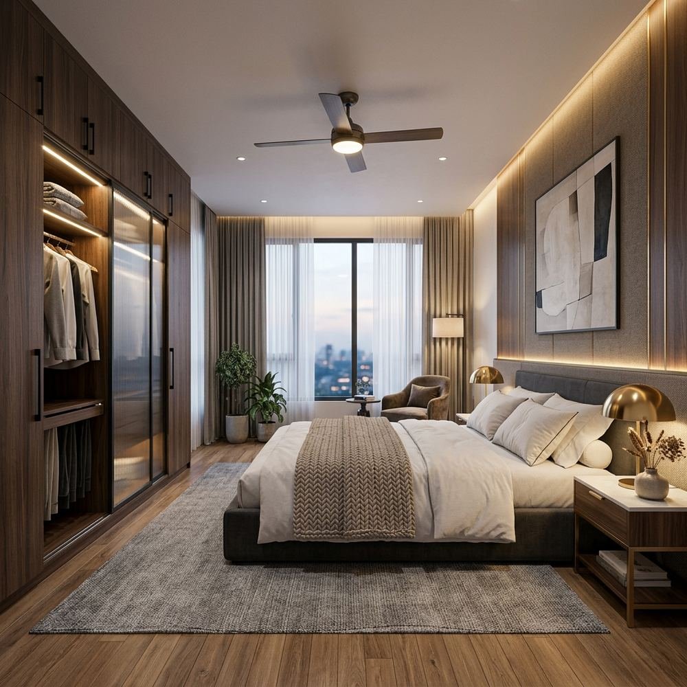 Modern king size master bedroom with sliding wardrobe by Grains Home Pakistan